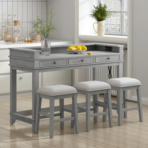 NCKMYB 4-Piece Bar Table Set with Fence Counter, Rustic Table and 3 Stools, 3 Drawers and Charging Station, for Kitchen and Living Room, Grey