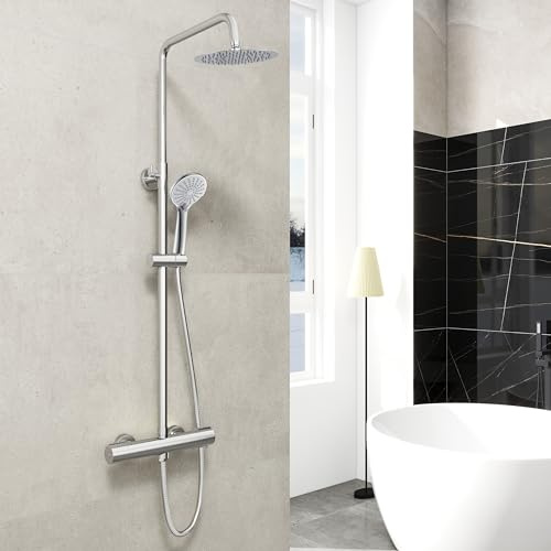 Aica Sanitarios Columna de Ducha Termostática Redonda con Barra Regulable 768-1200mm, Rociador de Mano Ajustable 3 Tipos de Chorro, Alcachofa de Ducha Lluvia para Baño