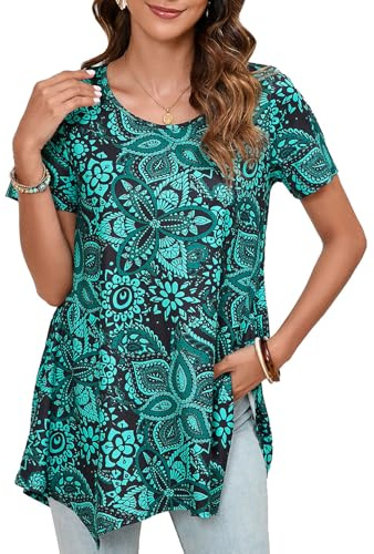 Enmain Short Sleeve Tunic Tops for Women Teal Blouse Pleated Swing Top Ladies Longline Elegant Round Neck Blouses for Summer, Teal, 2XL
