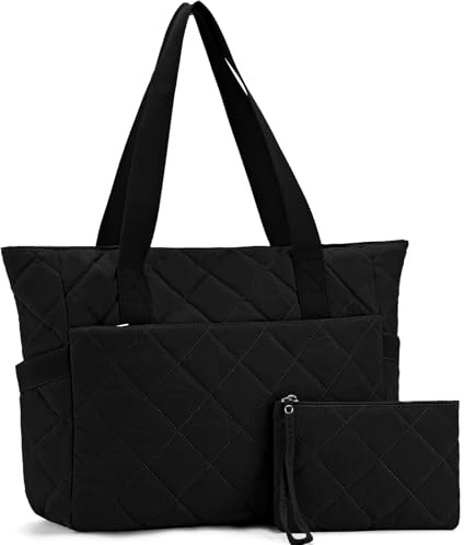Kasgo Bolso Mujer, Acolchado Mujer Viaje Shopper en Verano con Cartera 2Pcs Bolso de Hombro y Mano 15.6 Pulgadas Ordenador Portátil para Trabajo Universidad, Negro