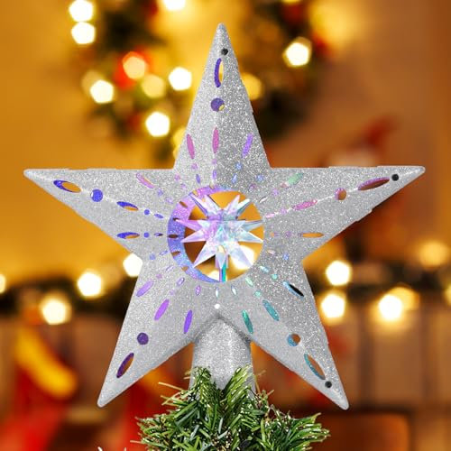 Quntis Étoile de Sapin Noël avec Projection Rotative Stéréoscopique 3D et Lumières Eblouissantes pour Décoration de Sapin de Noël Étoile Cadeau - Argenté