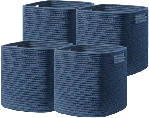 UBBCARE Set of 4 Storage Basket-11 X 10.5 X 10.5 In, Cotton Rope Basket for Shelves, Toys, Book, Cube Storage Bins with Handles, Woven Storage Basket for Organizing, Navy Blue