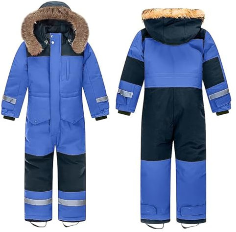 Unisex Kinder Skioverall Wasserdicht Schneeanzug mit Kapuze Atmungsaktiv Schneeoverall Winddicht Skianzug für Jungen Mädchen Verdickt Winteranzug, Königsblau, 158(Herstellergröße: 160)