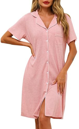 Lovasy Chemise de Nuit Femme Coton à Manches Courtes Chemise de Nuit Léger Col en V Classique Robe De Nuit Boutonnée Devant Tee Shirt de Nuit Femme Grande Taille avec Poches Latérales