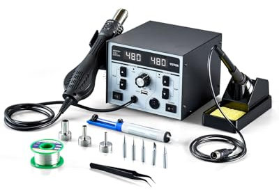 VEVOR Estación de Soldadura y Retrabajo de Aire Caliente 2 en 1, con Pantalla Digital 820 W con Puerto de Carga USB de 5 V, 3 Boquillas de Aire Caliente, 5 Puntas de Soldadura, 160 x 160 x 130 mm