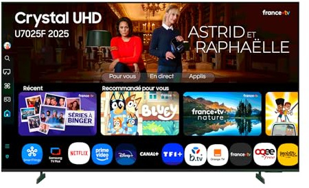 Samsung TV 75 Pouces Crystal UHD U7025F 4K Smart TV, Couleurs Incroyables avec Crystal Processor 4K, écoutez Tous Les Haut-parleurs avec Q-Symphony, données protégées, Knox Security et Gaming Hub