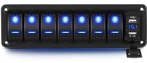 Greluma 7 gängig vippströmbrytare i aluminium med voltmeter och dubbel USB (4.2A) snabbladdning, blå bakgrundsbelyst LED, förkopplad IP65 vattentät för marin, båt, bil, lastbil (blå)