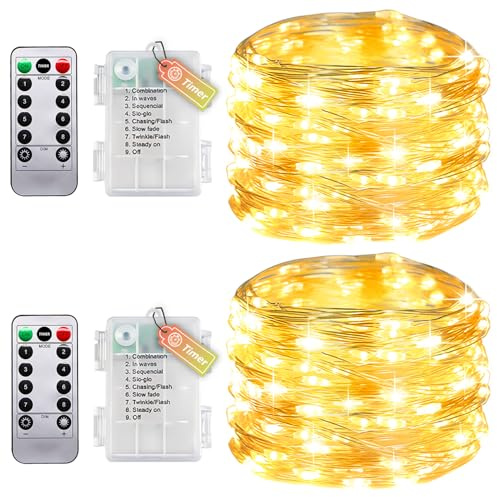 Confezione da 2 stringhe di luci con timer e telecomando, piccole luci interne con batteria, 10 m, 100 LED, IP65, impermeabili, senza batterie, per camera da letto, matrimonio, Natale, feste