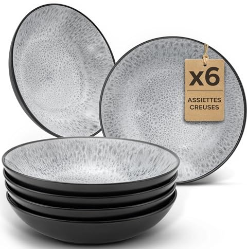 Twinzee Vajillas Completas 6 Personas de Gres Perla Resistente - 6 Platos Hondos estilo Riviera - Apta microondas