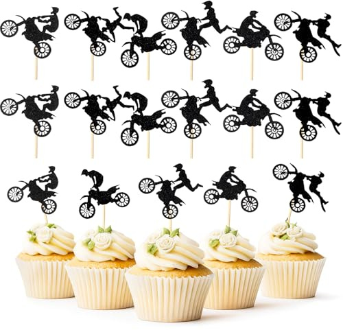 30 stycken motorcykel tårtdekoration cupcake-toppar, glitter svart motorcykel cupcake-topper, Dirt Bike motorcykel dekoration födelsedag, sport motocross tema tårtdekoration, pojke födelsedag fest