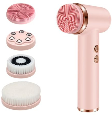 Dexmary Facial Cleansing Brush, 5 Speeds Adjustable Facial Brush, Waterproof & Rechargeable Face Scrubber Exfoliator with 4 Brush Heads for Women, Pink