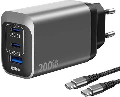 GaN 200 W laddare med 3 portar och 1 USB-C-kabel, snabbladdningsströmadapter, USB-laddare, 2 USB-C-portar + 1 USB-A-port, 2 m lång C-C-kabel, kompatibel med smartphones/dator