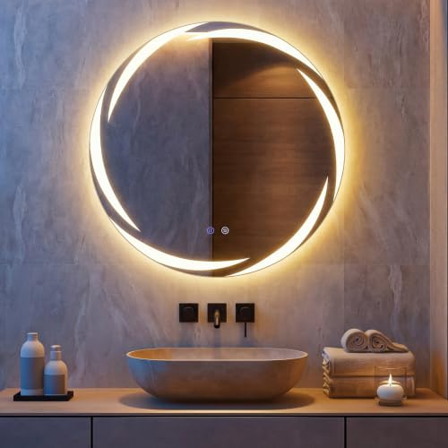 COSTWAY Specchio da Bagno con LED Rotondo 80 cm, Specchio da Parete Retroilluminato Dimmerabile con Vetro Temperato Antideflagrante, Luci a 3 Colori e Antiappannamento, IP44 (80 x 80 cm)