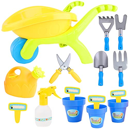 Toyland® Little Gardeners 14-teiliges Gartenwerkzeug-Set – beinhaltet: Wassersprüher, 3 x Blumentöpfe und Pflanzenanhänger, 5 x Gartengeräte, Gießkanne und Schubkarre – Spielzeug für den Außenbereich