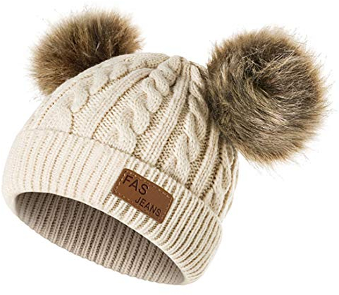 Yixda Baby Kids Winter Mütze Mädchen Jungen Warm Fellbommel Beanie Hüte (Beige)