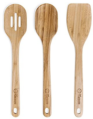 Chef Pomodoro Wooden Cooking Utensils 3-Piece Set, Wooden Cooking Spoons, Bamboo | Large 31 cm / 12.5-Inch Spatula, Spoon, Slotted Spoon | Pan Kitchen Frying Set