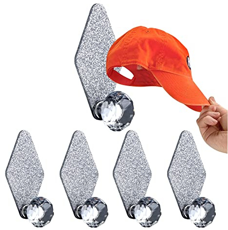 Baoswi 4 Pack Self Adhesive Wall Hooks, Diamond Shaped Crystal Glass Hooks Hat Holder Necklace Holders Wall Mounted Jewelry Organizer Clothes Hooks Hat Storage Hat Rack for Wall (Silver)