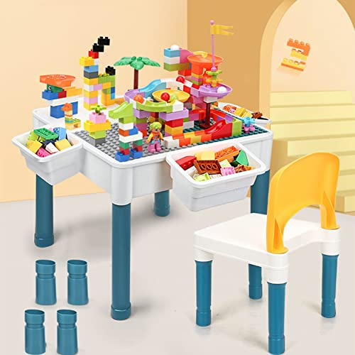 Juego de mesa y silla para niños 6 en 1 Mesa de juego para niños, 51 x 51 cm tablero de doble cara con 292 bloques de construcción, mesa multiactividades para niños con 1 silla para niños