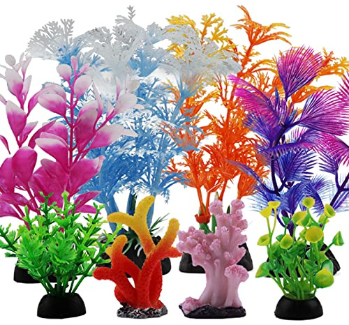 PietyPet Fish Tank Decorations Plants with Resin Coral, 8 pcs Aquarium Decor