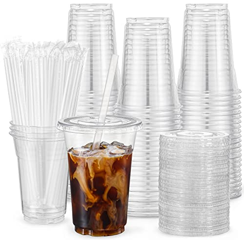 VITEVER [100 Sets - 16oz] Clear Plastic Cups with Lids and Straws, Disposable Iced Coffee Cups for Smoothie, Milkshake, Cold Drinks - BPA free