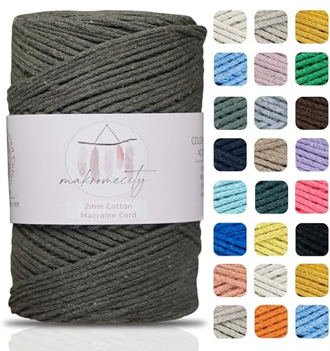 Makromecity, Cotton Macrame Cord 2mm x 195 Yards (590 feet) 2mm Recycled Cotton Crochet Yarn for Macrame Art & Crafts for Wall Hangings, Bags, Underplate, Rug (25 Colors Available) (Olive Drab)