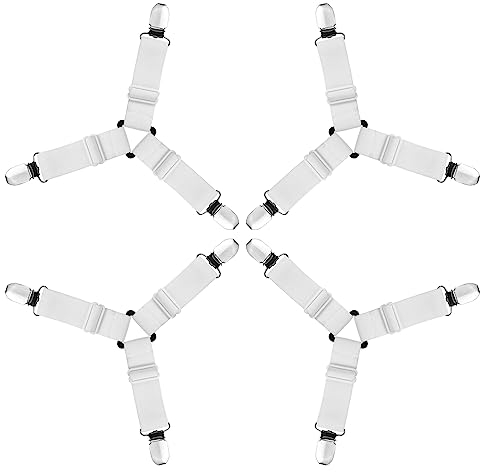 AUAUY 4PZ Sujeta Sabanas Bajeras, Blanco Correas Ajustables Sujeta Colchones, Sujeciones de Ropa de Cama para Sostener SáBanas en Lugar para Esquinas del Soporte Cama, CojíN de Sofá, 3 Clips