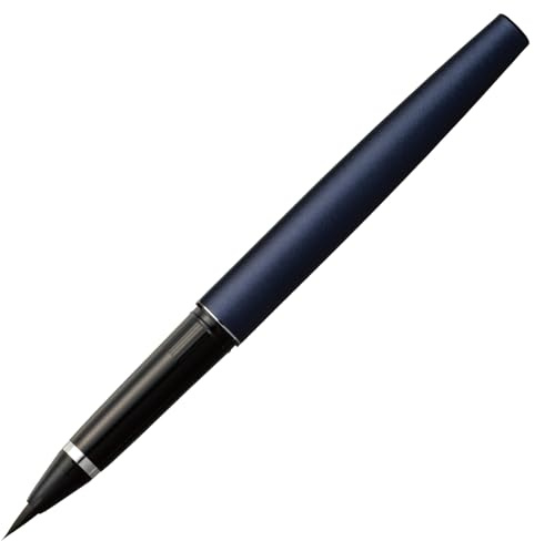 Kuretake MANNEN MOUHITSU (No.13) Refillable fude brush marker pens with Spare Ink Cartridge, Navy body, Flexible Tip for kanji, lettering, calligraphy, Art Drawing, Made in japan
