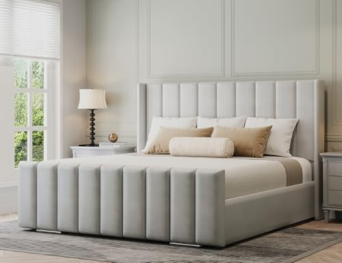 Furnishion Vienna Wingback Double Bed Frame 4ft6, Modern Plush Velvet Upholstered Panelled Design, Luxury 4ft6 Beds Base with High Headboard, Stylish Bed Frame Double for Bedrooms in Cream Plush