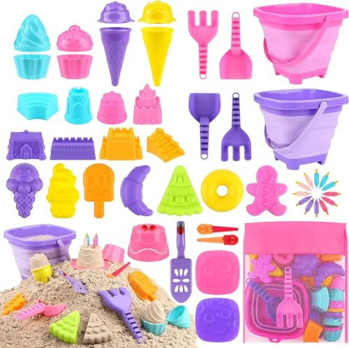 HAOYULUO 34 Stück Sandspielzeug Set, Sandspielzeug-EIS, mit Sandschaufel, Sandform, faltbarem Eimer, Netzbeutel, geeignet für Kinder Sandkasten Spielzeug im Alter von 2–5 Jahren