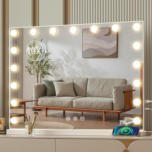 Saimeihome Specchio Trucco con Luce 17 LED regolabile, Specchio da Tavolo intelligente touch con 10x Ingrandimento, 70x55cm - Montaggio Tavolo/Parete