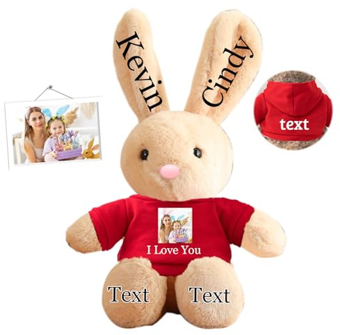 DRAJOIN Peluche Lapin Personnalisée, Lapin en Peluche Personnalisé avec Photo et Nom, Cadeau de Pâques pour Filles, Garçons, Enfants et Adultes, 35 cm