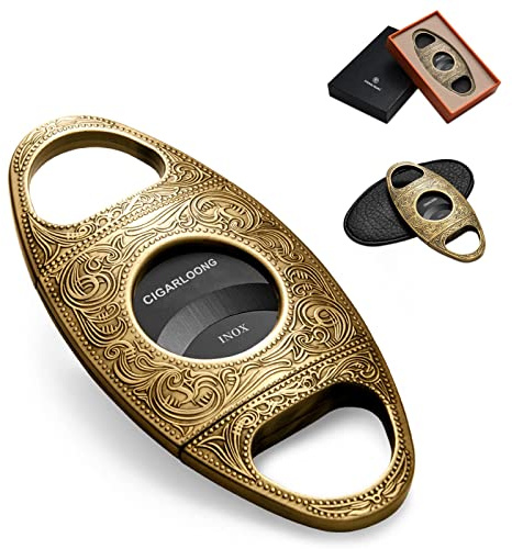 CIGARLOONG Cigar Cutter, Stainless Steel Cigar Scissors with Pouch, Double-Edged Blade Cutter for Most Size of Cigars, Cigar Accessories with Gift Box (Gold)
