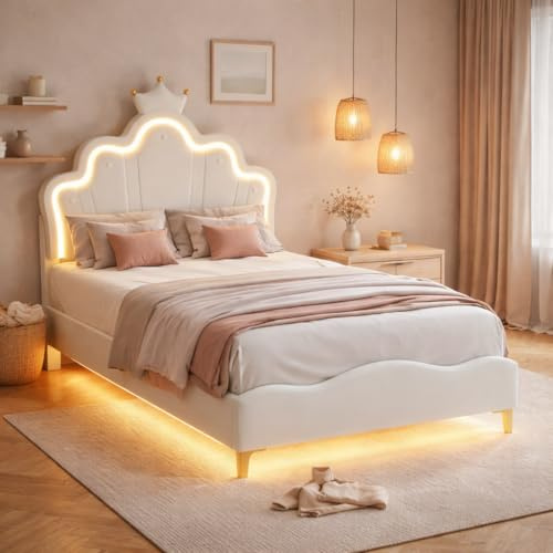 FEEOHOME Barnsäng 90 x 200 cm, vadderad barnsäng med justerbart LED-ljus, för flickor, tonåring, med blomhuvud och ribbotten, utan madrass