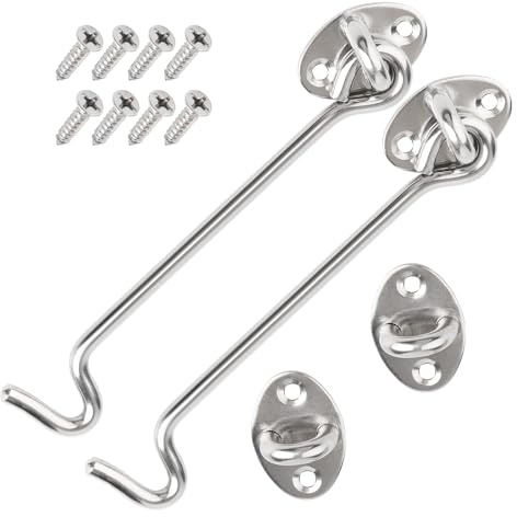 Anhoer 2 ganci tempesta con occhielli per cabina, in acciaio inox, con viti di montaggio per persiane, cancello da giardino, garage, argento (2 pezzi da 150 mm)