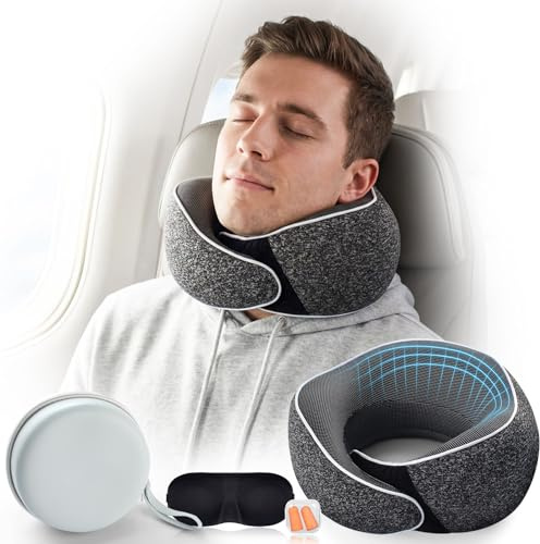 Cuscino cervicale da viaggio aereo e auto, 4 in 1 con maschera e tappo, cuscino ergonomico in memory foam e cuscino da viaggio, morbido supporto per il collo per dormire, accessori da viaggio