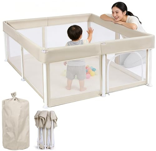 LASUK Laufstall Faltbar Baby,125x125CM Kinderlaufgitter,Beige