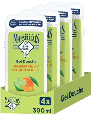 Le Petit Marseillais – Gel Douche Extra Doux Mandarine Bio & Citron Vert Bio (flacon de 300ml) – Formule vegan avec 92% d'ingrédients d'origine naturelle – Emballage recyclable, avec plastique recyclé