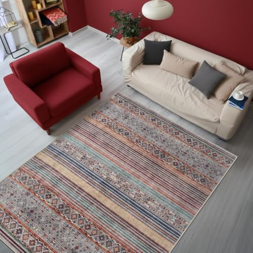 Generisk vardagsrumsmatta, färgglad, retromönster röd, blå, grön, beige grå, 120 x 200 cm, tvättbara mattor för vardagsrum sovrum studierum kontor hall och kök