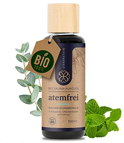 Liebenstein® BIO Saunaaufguss “Atemfrei” - Eukalyptus, Latschenkiefer & Minze [1x100ml Sauna Aufgussmittel] - mit 100% naturreinen Bio Ölen – regional und nachhaltig - Dein Sauna Aufguss