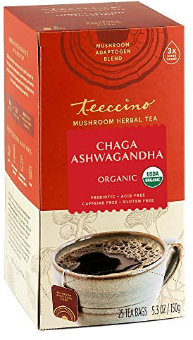 Teeccino Chaga Ashwagandha Herbal Tea - Butterscotch Cream, Organic Mushroom Adaptogenic, 3x More Herbs, Prebiotic - 25 Tea Bags