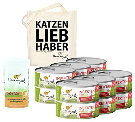 I Love my Cat Futterset für Katzen mit Durchfall Hypoallergenes Getreidefreies Nassfutter mit Insekten 12 x 100 g und Nahrungsergänzung Gastro Relax 80 g ohne künstliche Inhaltsstoffe