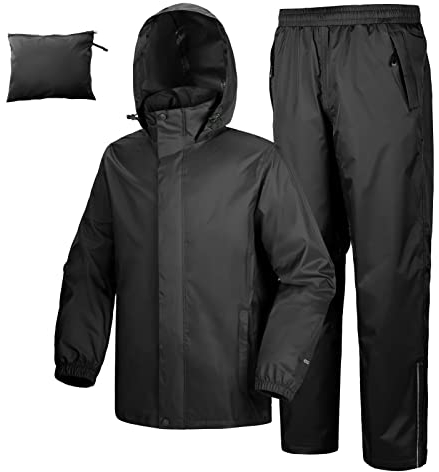 33,000ft Herren Damen Regenanzug Reflektierender Wasserdichter Regenkombi Packbare Winddichte Regenjacke+Regenhose mit Innennetz Regenkleidung für Fischen Wandern Camping, Schwarz 3XL