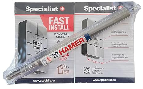 Specialist + 2 stycken fast monterings-gipsmagneter och hamer-pluggdrivrutiner för installation av metallram i gips I hjälpmedelsset för att fästa CD-bärarens profil i tak och väggar