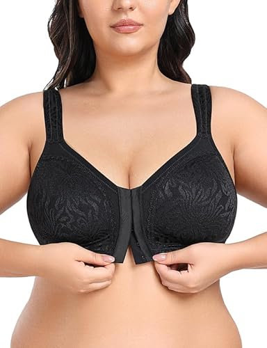 WingsLove Front Fastening Bras for Women Minimizer Wireless Non Padded Full Coverage Back Support Plus Size Bras (Black,38F)