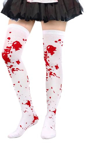 GEBETTER 1 Paire de Bas Halloween Chaussettes Hautes Blanches Sanglantes Costume pour Soirée Halloween Carnaval Cosplay Femme