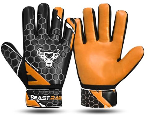 BEAST RAGE Fußball-Torwarthandschuhe für Kinder, Jungen, Jugendliche, Fußball-Torwarthandschuhe, 4 mm, rutschfeste Latex-Handfläche, doppelte Handgelenkstütze, Allwetter-Fußballhandschuhe (Orange,