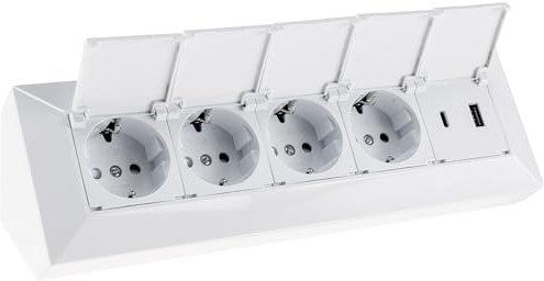ChiliTec Steckdosenblock 4-Fach Mehrfachsteckdose mit Klappdeckel USB-A USB-C PD 230V Steckdose für Küche Büro Werkstatt Weiß