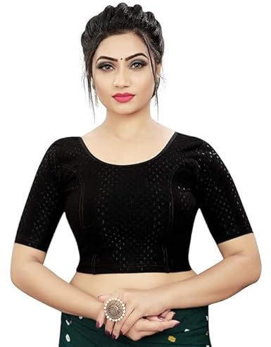 Accessorize Kingdom Round Neck Dobby Cotton Lycra Stretchable Elbow Sleeve Readymade Saree Blouse for Women Stylish (Free Size) (M & L, Black, Free Size - 30-36)