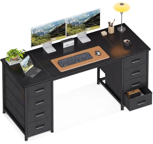 Coleshome Escritorio con 8 Cajones de Tela, 140x48cm Mesa Escritorio de Espacio, Escritorio Ordenador Mesa Oficina para Estudio en Casa, Negro