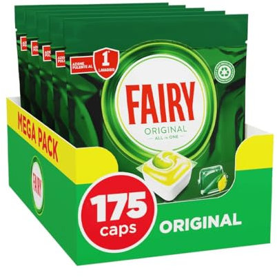 Fairy Original Detersivo Pastiglie Lavastoviglie Brillantante, 175 Capsule Lavastoviglie, Original Limone, Azione Pulente Al Primo Lavaggio, Efficace Sul Grasso Incrostato Con Azione Brillante